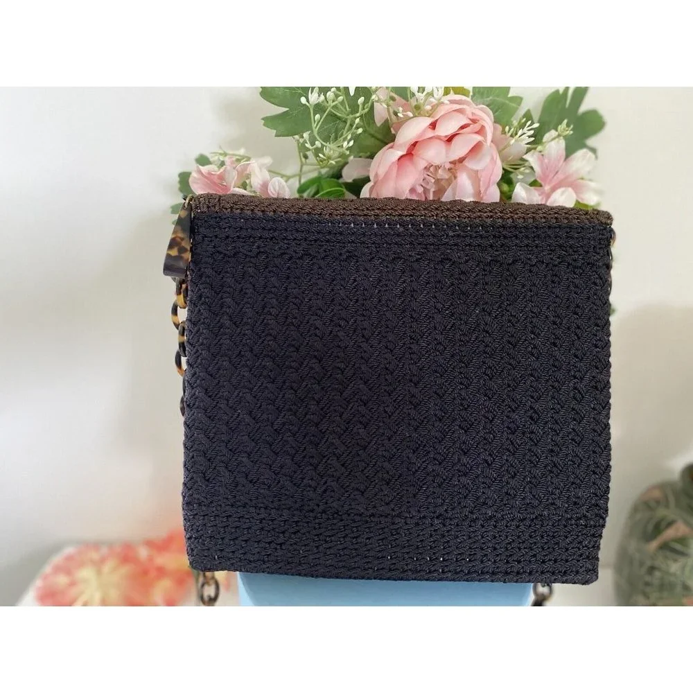 Christian Livingston Black Crochet Bag w Faux Tortoise Chain Strap Cross Body‎